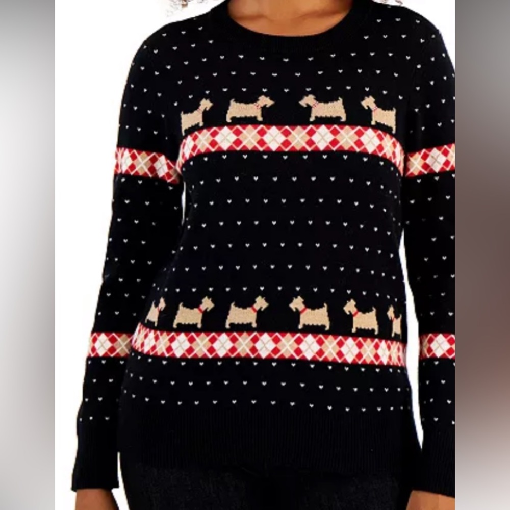 NWT, Charter Club Women’s Sweater with Scotties in Black, Size Large